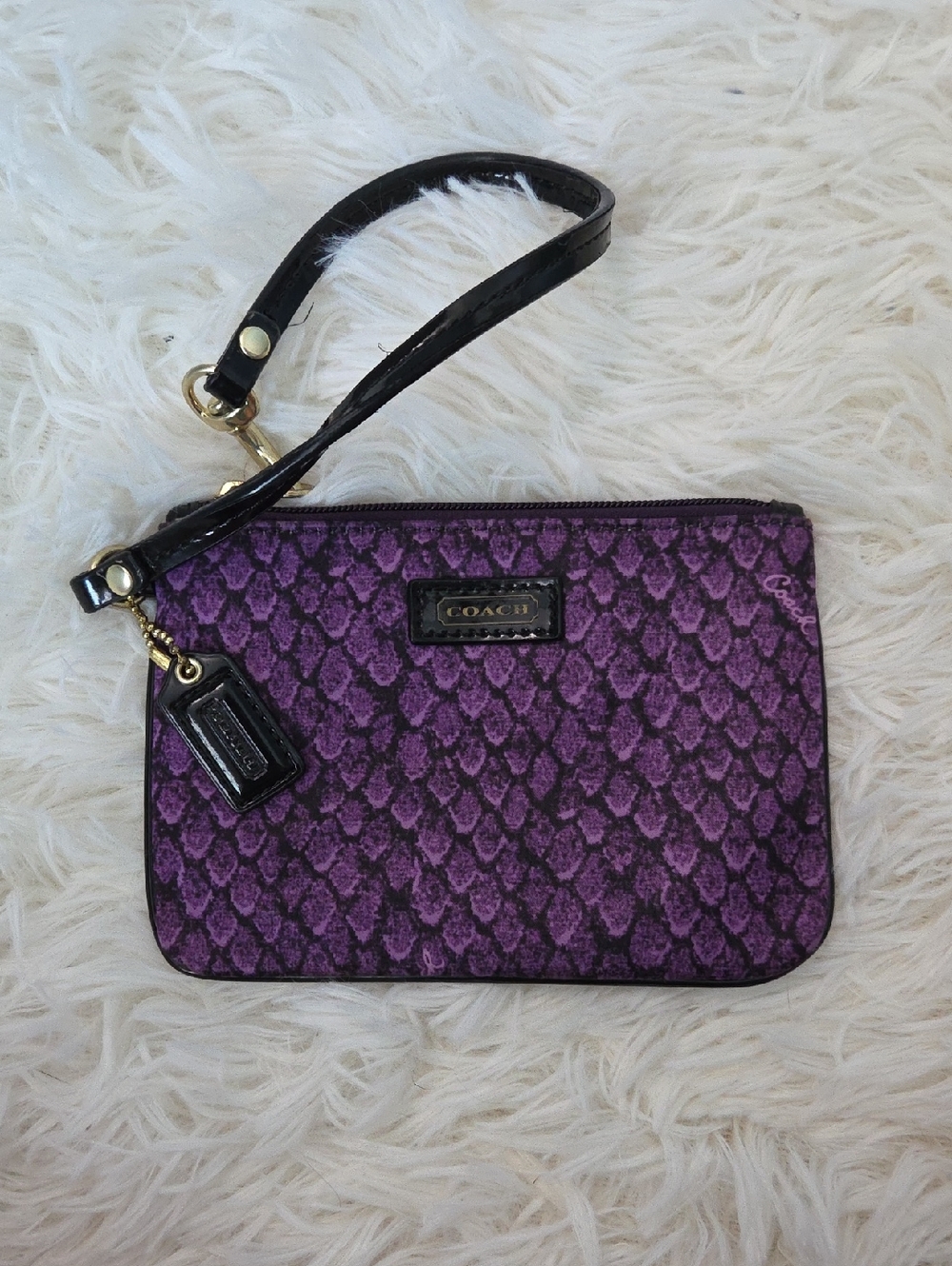 Coach Purple Patterned Wristlet with Black Strap